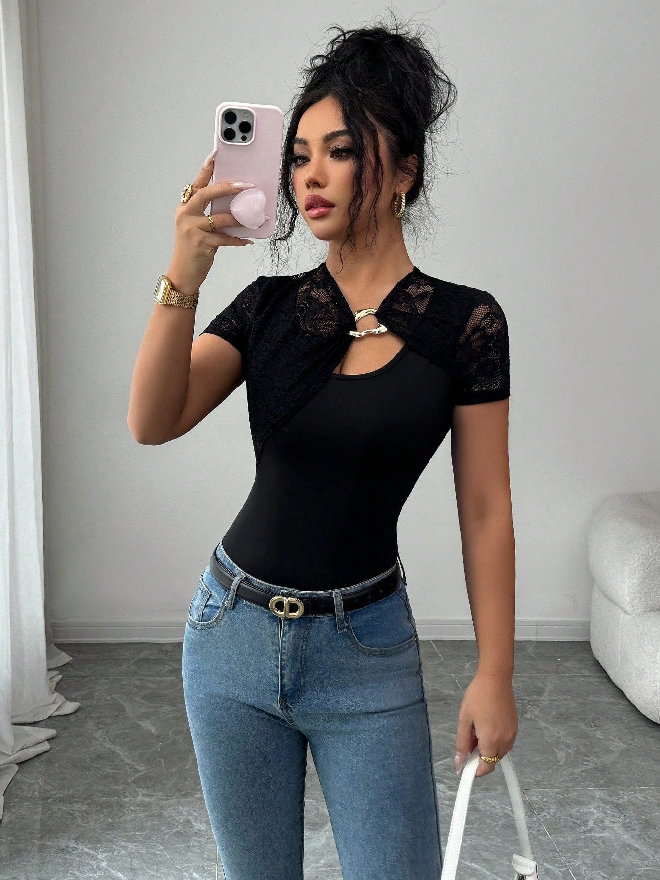 Lace-panelled Top With Metal Buckles Secondary image
