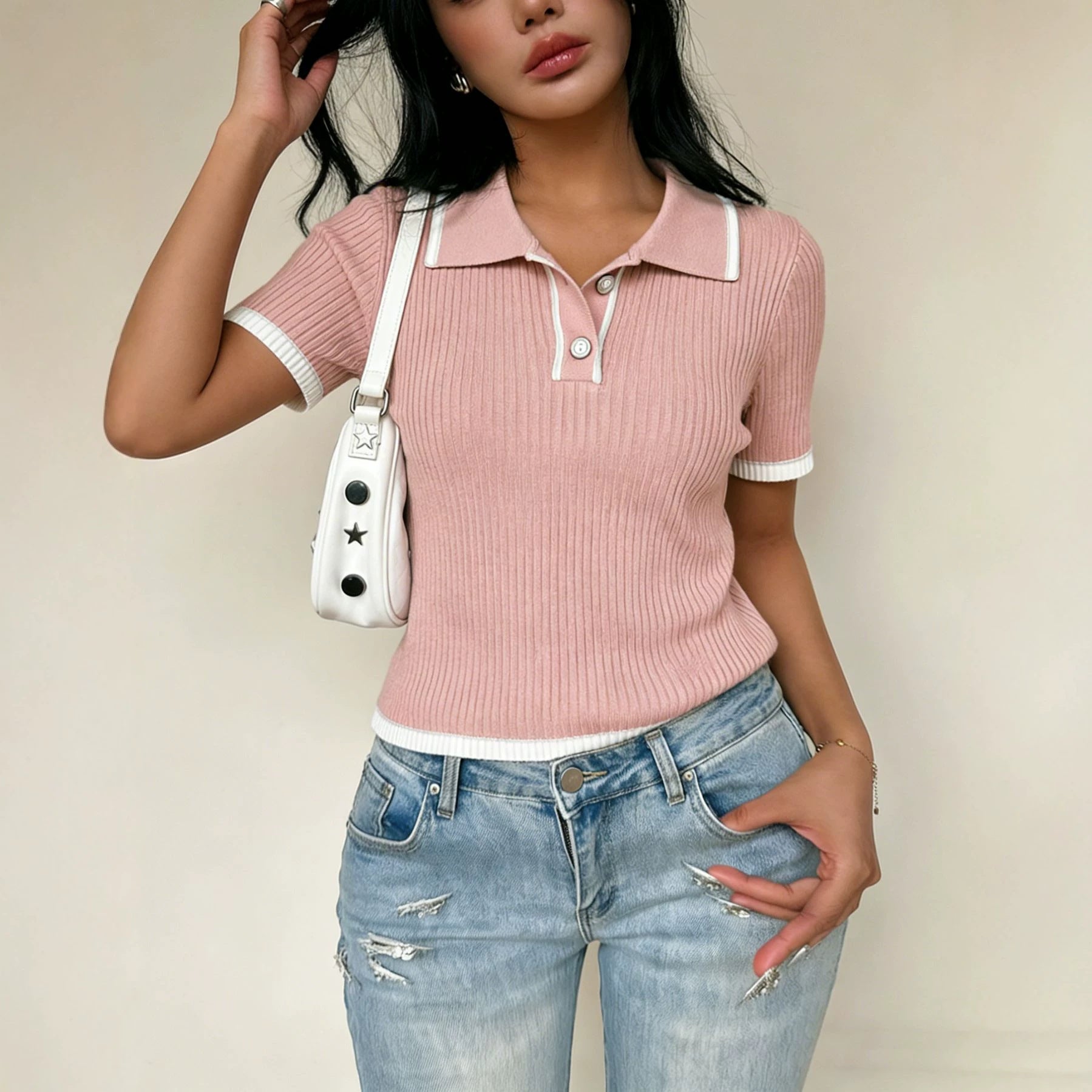 Lapel Short-sleeved Top With Contrasting Colors Secondary image