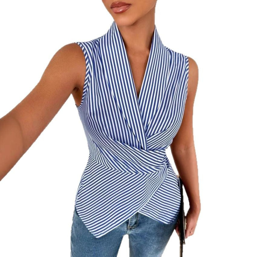 Striped Buttonless Sleeveless V-neck Shirt Secondary image